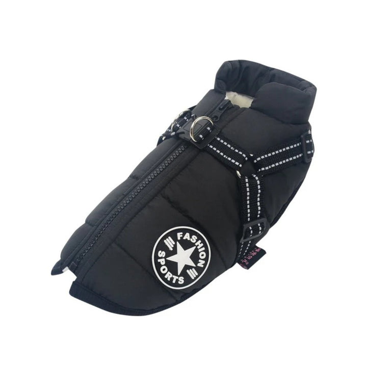 Adjustable waterproof dog coat with integrated harness. Pet apparel for all cold weather outdoor activities.