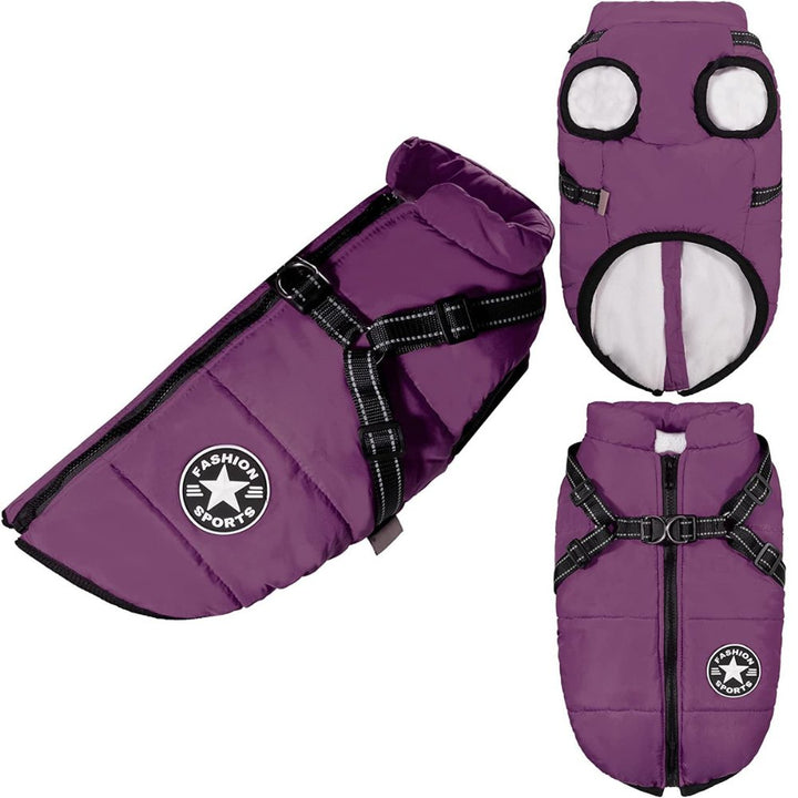 Heavy-duty waterproof winter dog jacket with integrated harness, providing ultimate warmth & pet security.