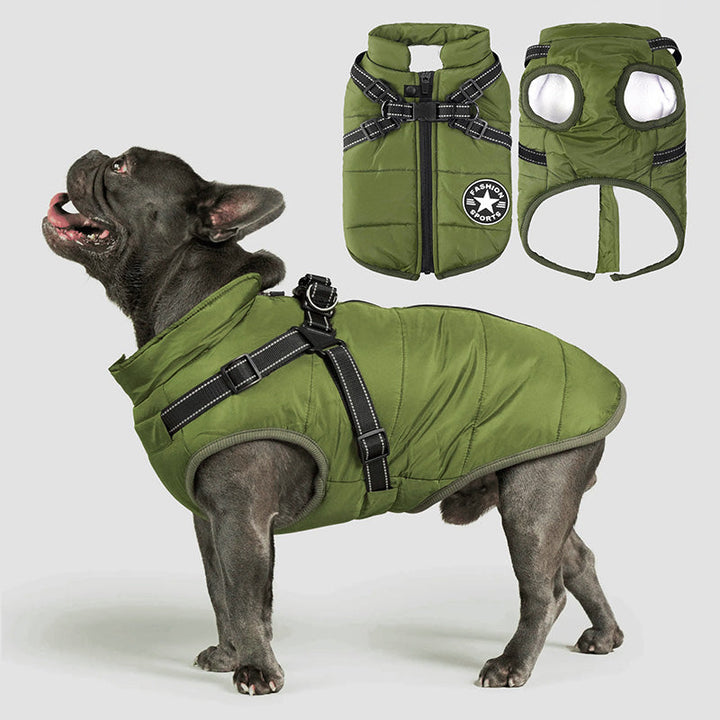 Waterproof winter dog jacket with integrated harness, red, for small to medium dogs
