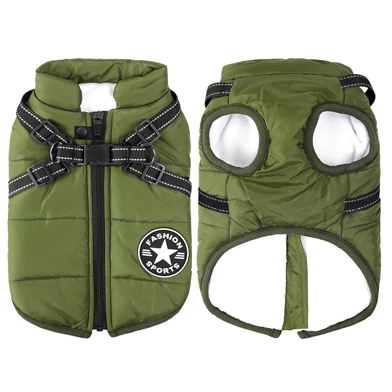 Warm pet clothing: black waterproof winter dog jacket with integrated harness & reflective trim