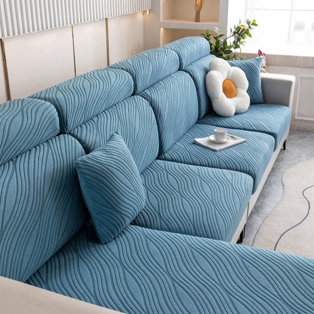 Wave Jacquard Stretch Sofa Cover in gray, anti-slip & pet friendly furniture protector