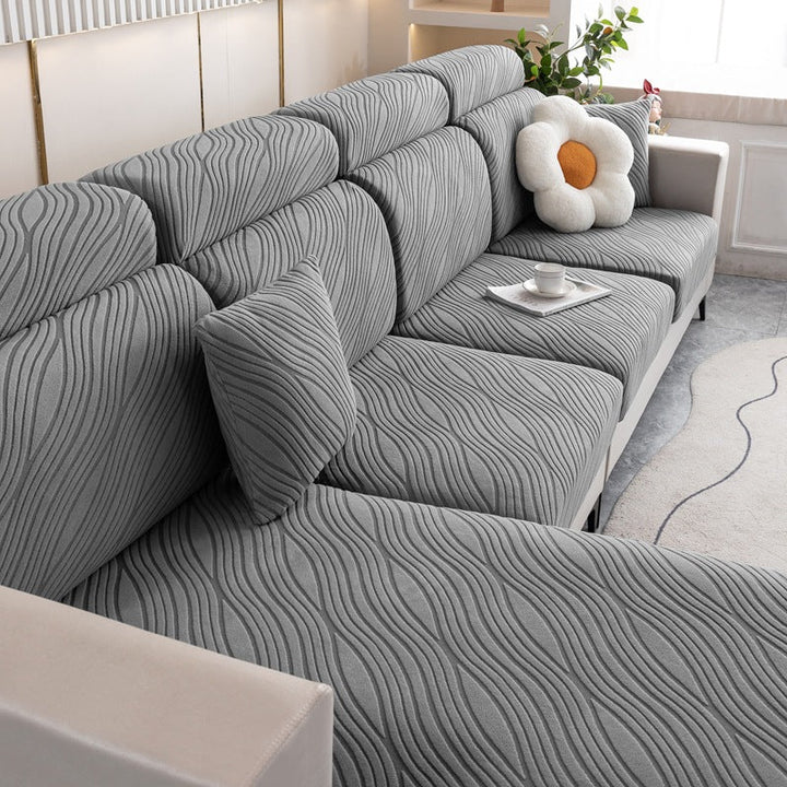 Elegant gray home decor sofa cover with anti-slip wave jacquard stretch fabric