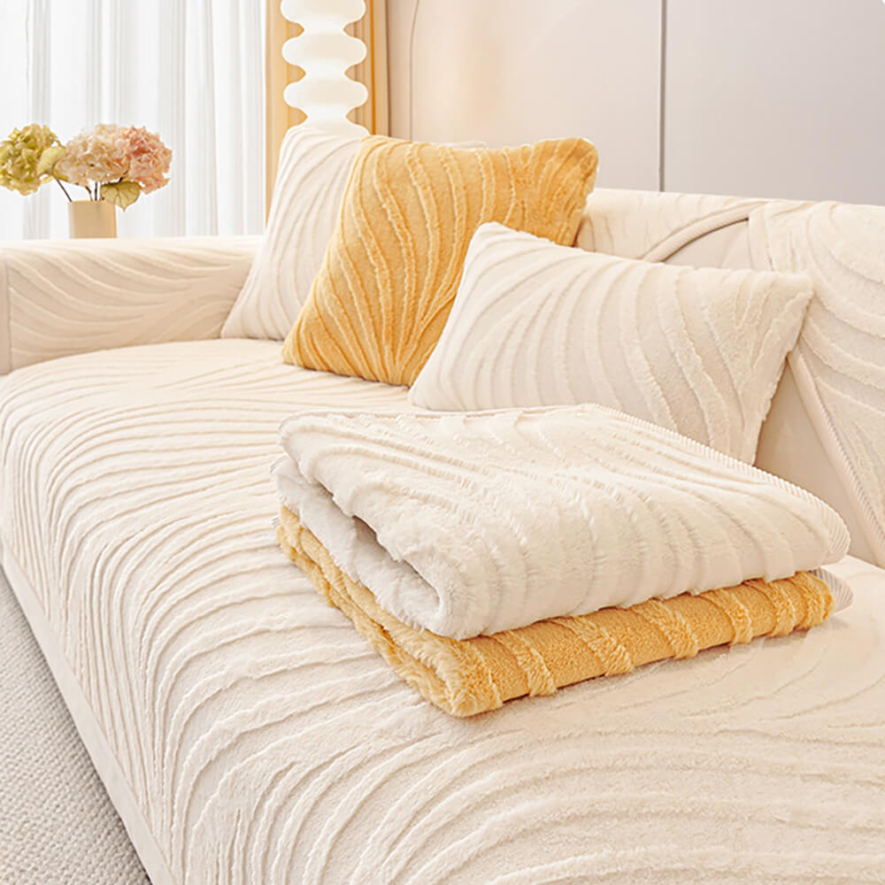 Brown wave pattern plush non-slip couch cover, durable furniture protector.