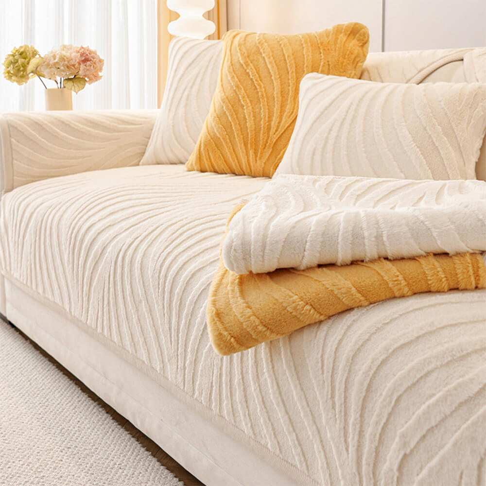 Wave textured plush non-slip sofa cover on a three-seater, comfortable, stylish.