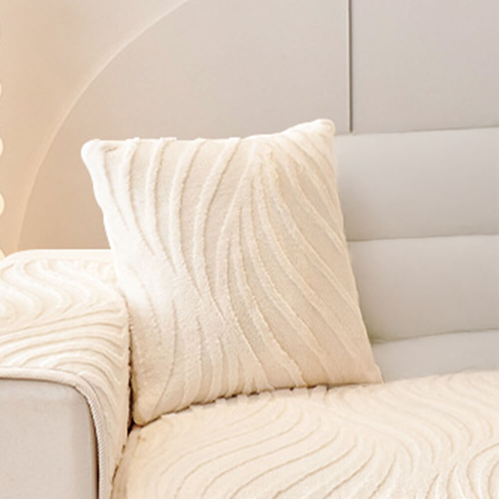 Complete set of wave textured plush non-slip sofa covers on a large sectional.