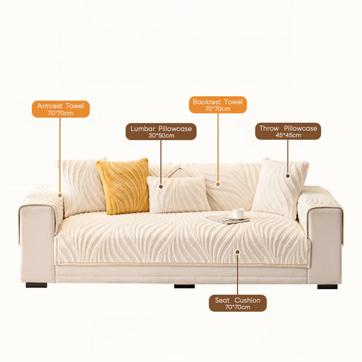 Corner view of a sectional covered with a wave textured plush non-slip cover, beige.
