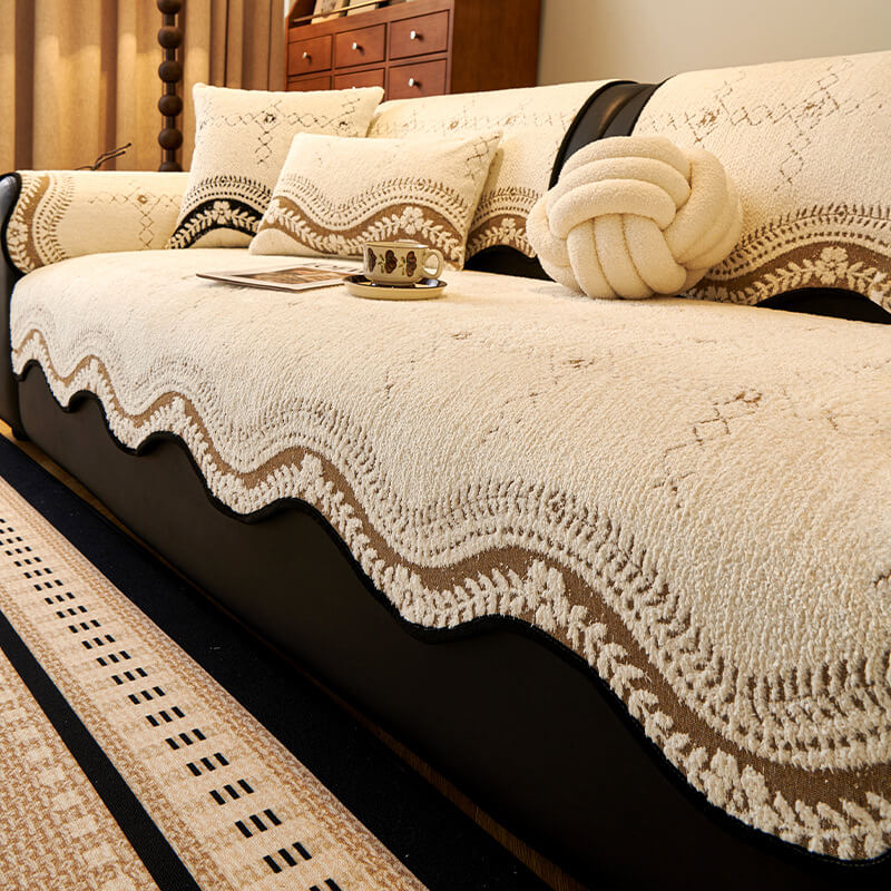 Close-up of wavy texture on pet-friendly plush couch cover, anti-scratch design