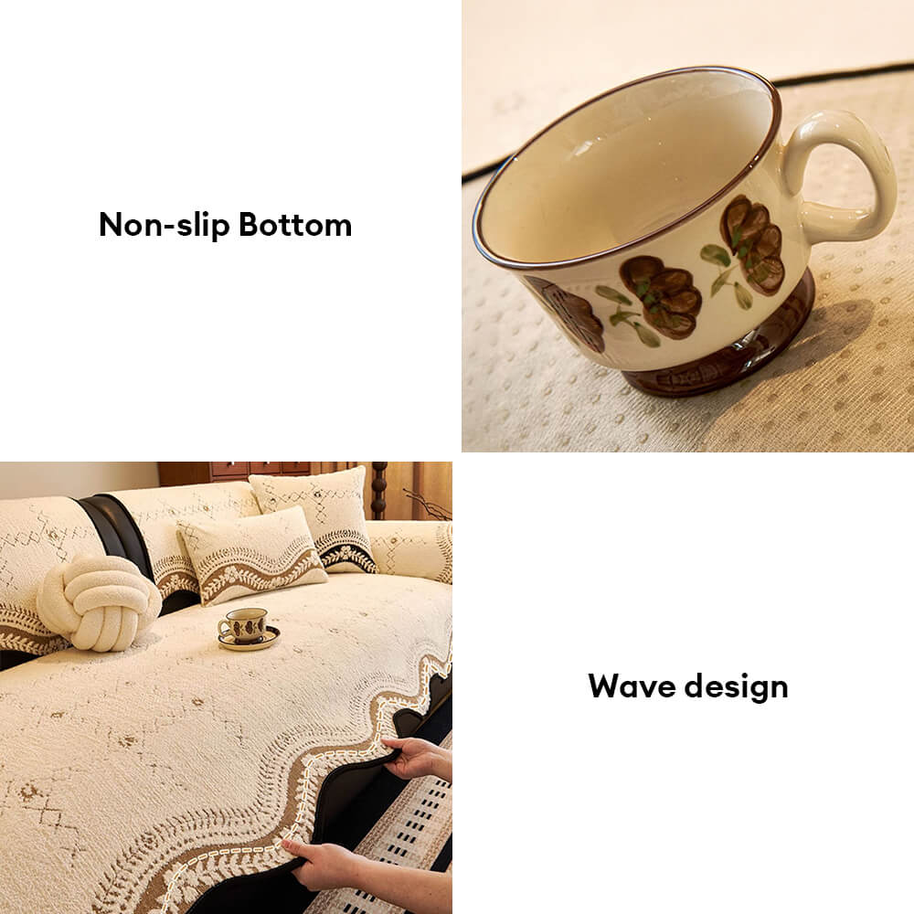 Detail of the soft plush material and wavy pattern of an anti-scratch pet sofa cover
