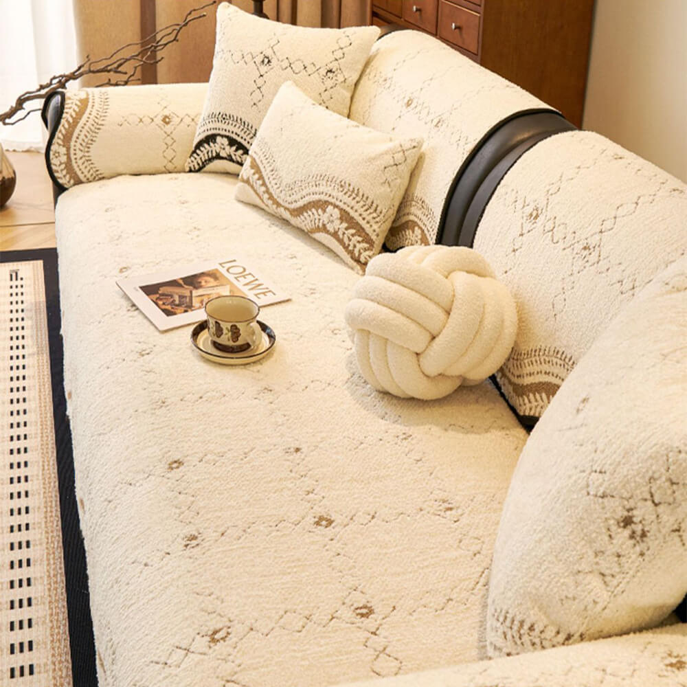 Living room showcasing a beige wavy plush anti-scratch sofa protector for pets