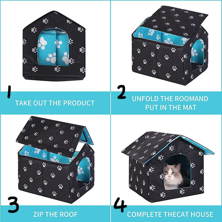 Durable outdoor pet house with self-warming mat, ideal for cats and small dogs.