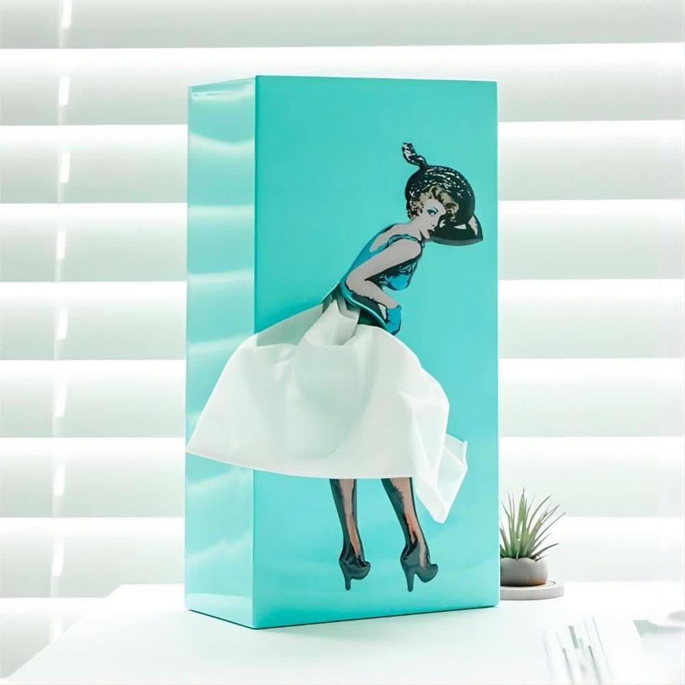 Unique whimsical tissue box holder, a playful home accessory and organizer for modern decor.