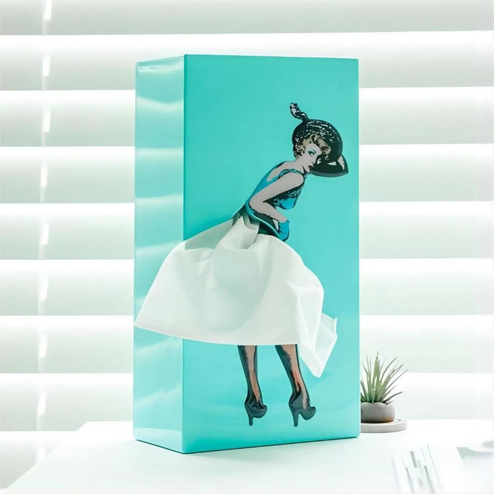 Unique whimsical tissue box holder, a playful home accessory and organizer for modern decor.
