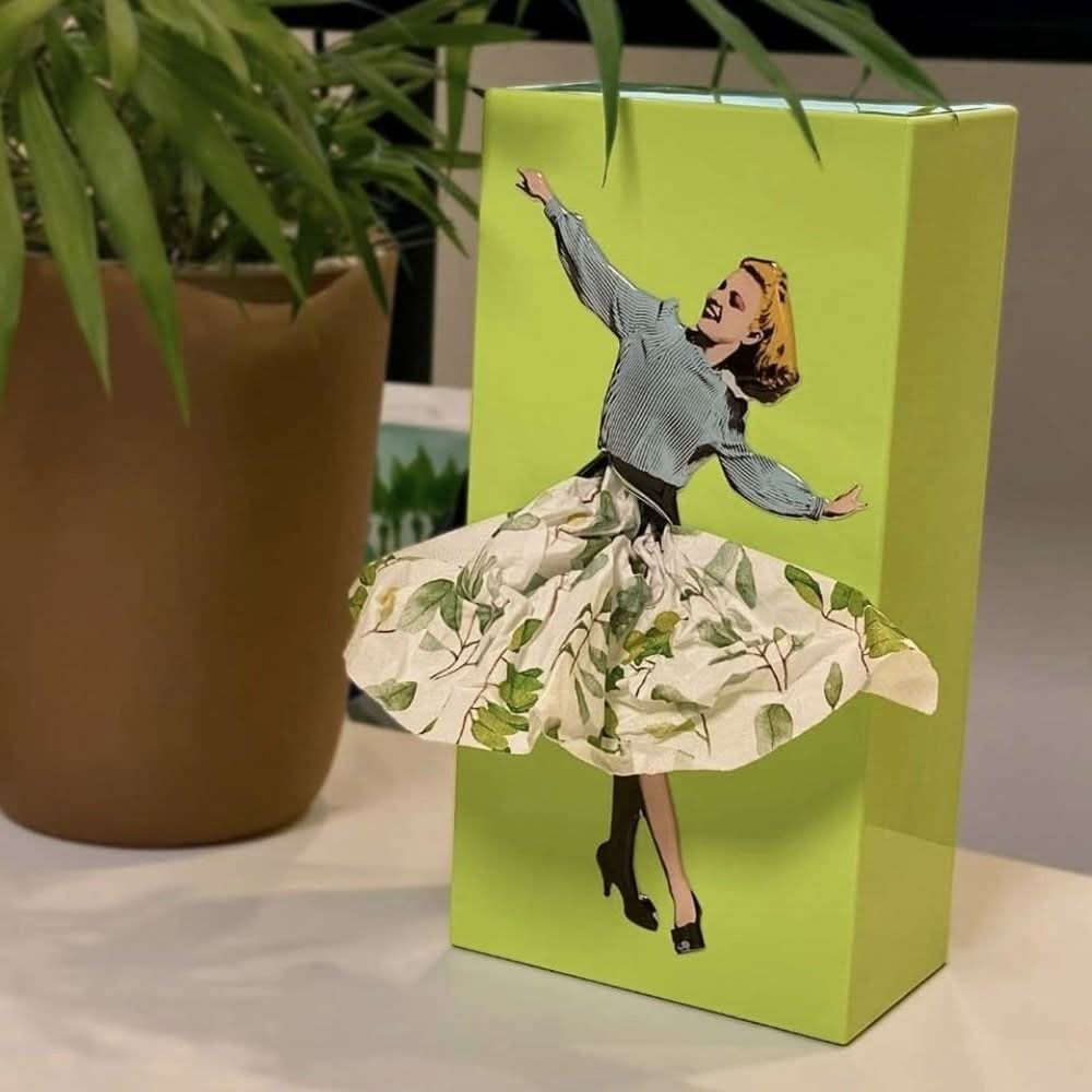 Creative whimsical tissue box cover, transforming standard tissues into a delightful home accent.