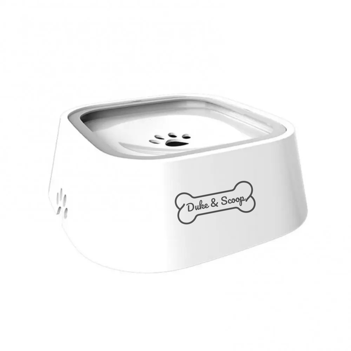 White anti-spill pet water bowl with a floating disk, ideal for dogs & cats, 2L capacity