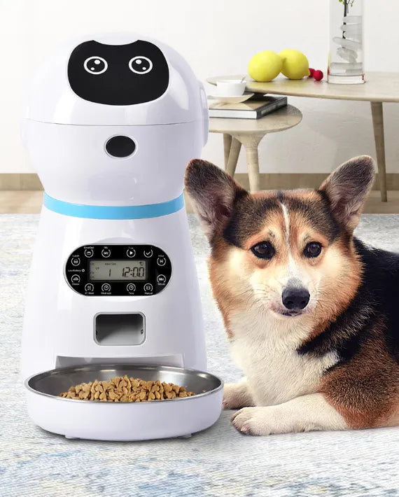 White automatic dog food dispenser with digital display for programmed pet feeding convenience
