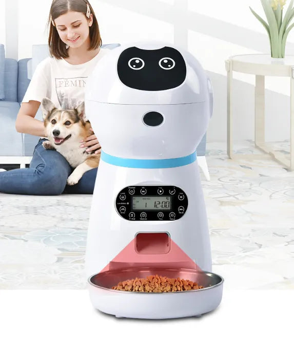 Automatic pet feeder shown with portion control and LCD screen, essential dog care supplies