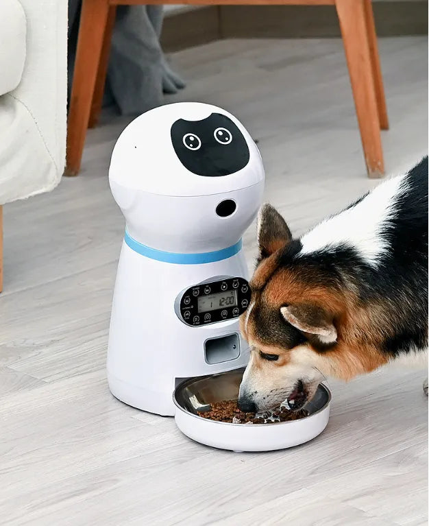 Close-up of automatic dog feeder's controls and digital display for easy programming