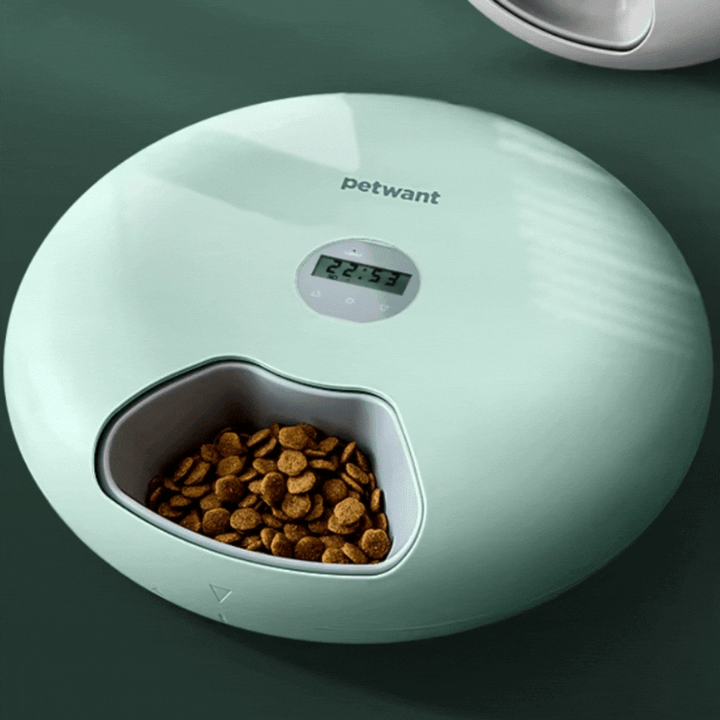 White automatic pet bowl with digital timer, ensures fresh food for pets