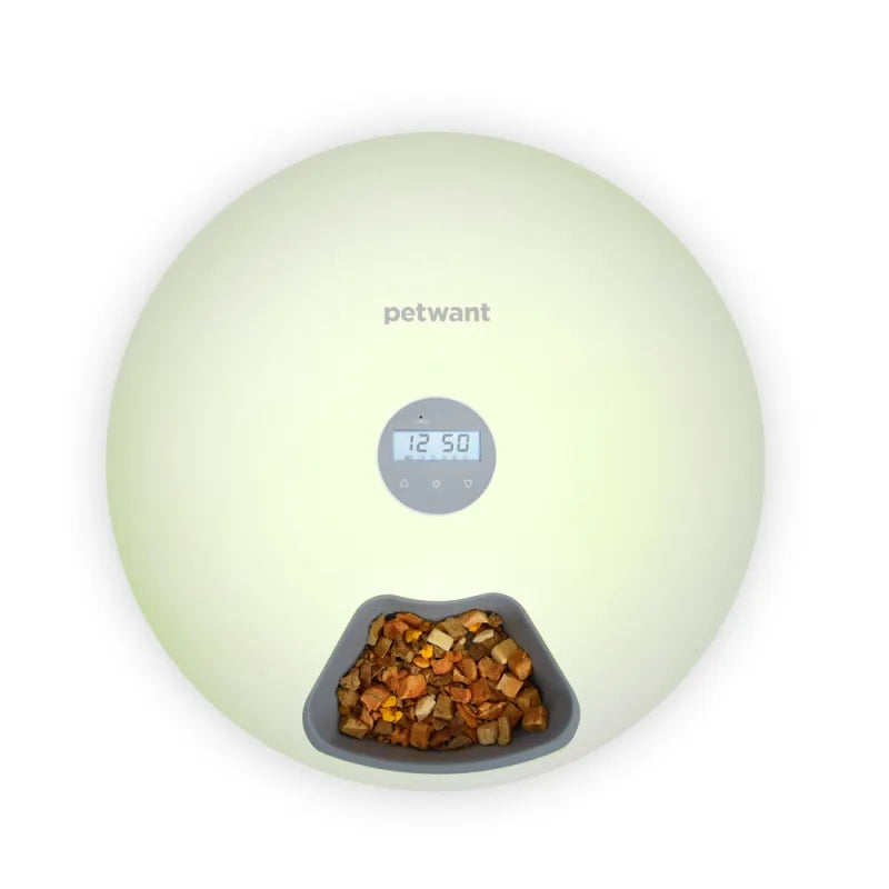 Pet food dispenser with digital display, automatic & hygienic, in white color