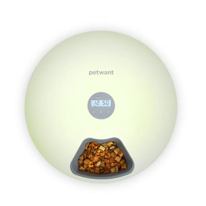 Pet food dispenser with digital display, automatic & hygienic, in white color