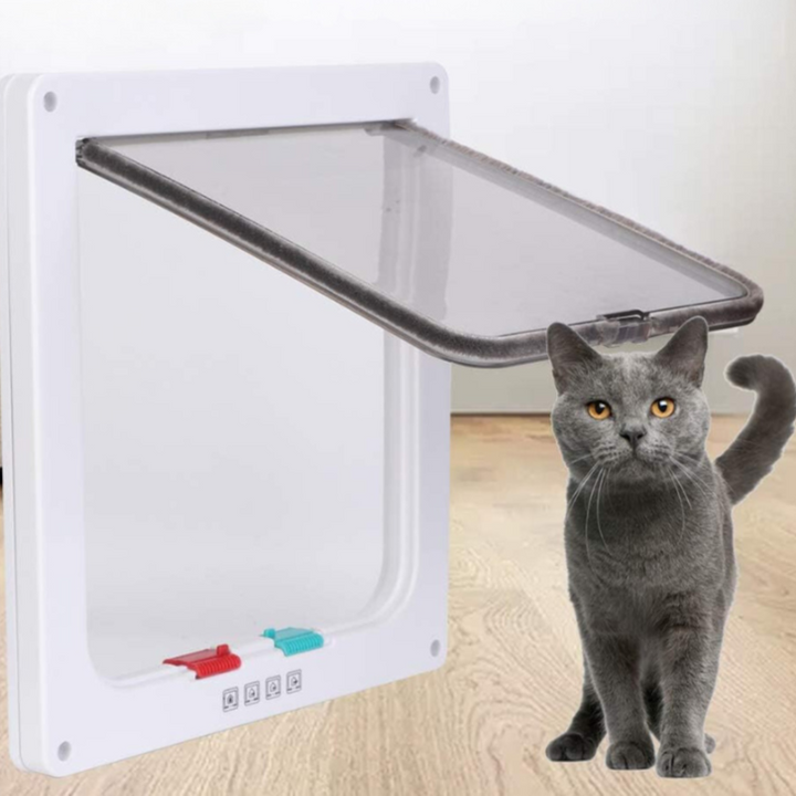 Close up of 4-way locking mechanism on a durable cat flap for pet access in doors