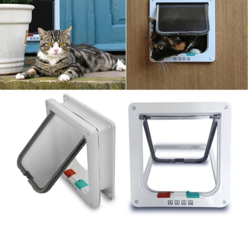 Cat using a door mounted cat flap with 4-way lock for easy indoor outdoor access