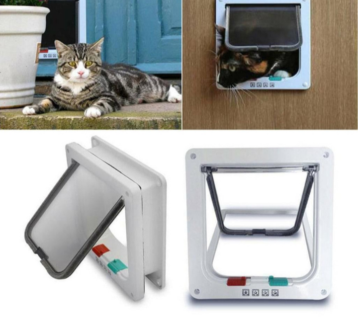 Cat using a door mounted cat flap with 4-way lock for easy indoor outdoor access