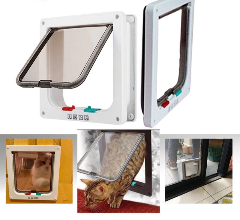 Installation view of a white feline cat door, showing easy install on exterior door