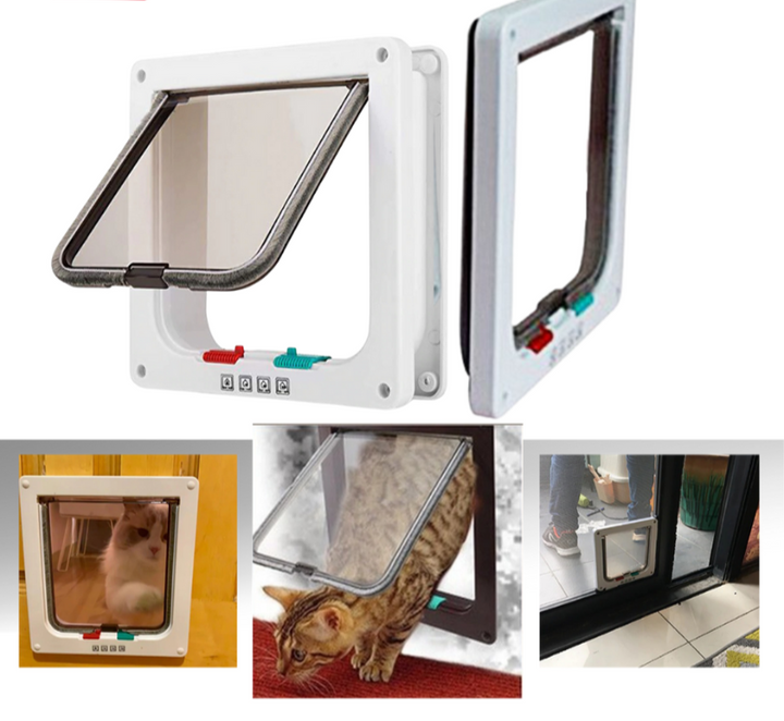 Installation view of a white feline cat door, showing easy install on exterior door