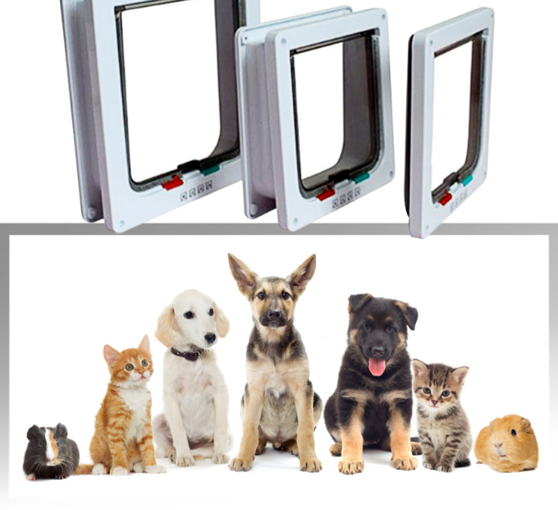 Pet access cat door with clear flap and 4-way lock for security, suitable for interior doors