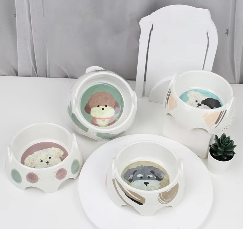 Cute dog design ceramic pet bowl for food and water. A stylish and sturdy pet feeder for small dogs.