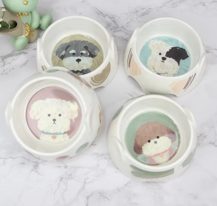 Durable ceramic dog bowl featuring an adorable cartoon dog, ideal for kibble or fresh water. Easy cleaning.