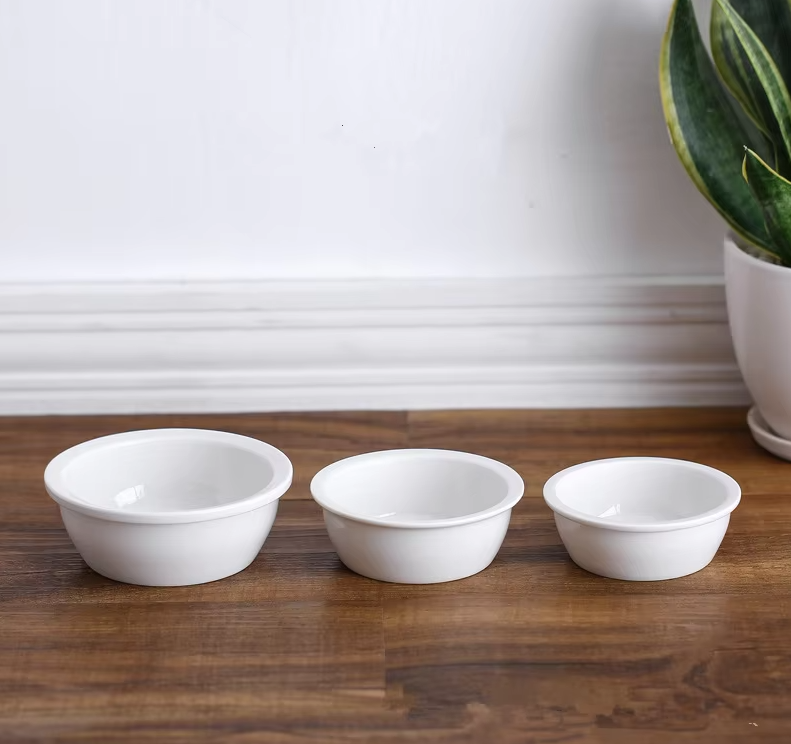 White ceramic pet feeding bowl, a durable and classic dish for dog or cat food.