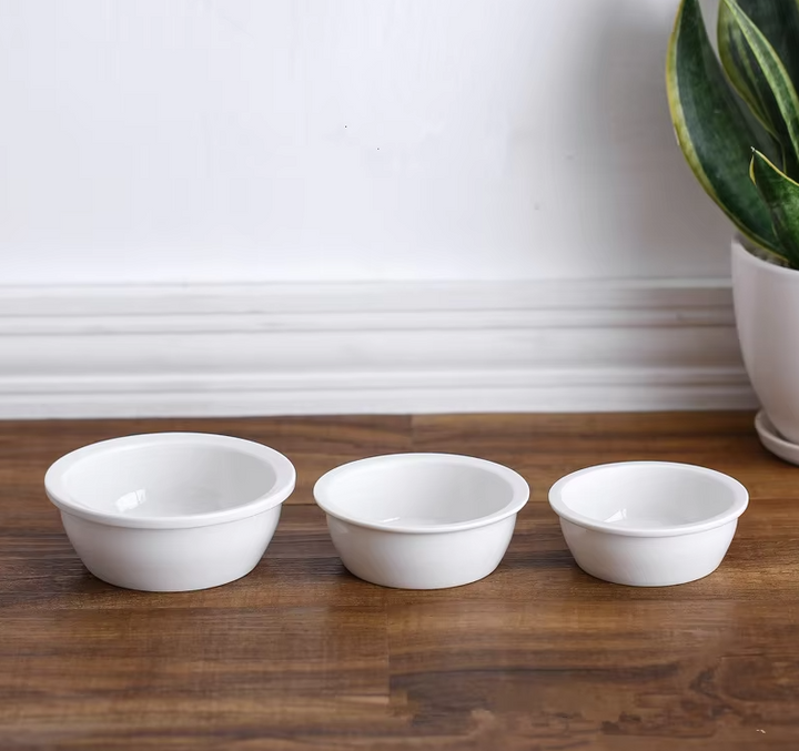 White ceramic pet feeding bowl, a durable and classic dish for dog or cat food.