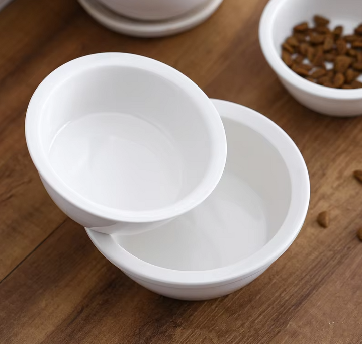 Elegant white ceramic feeding dish for pets, suitable for both dog food and cat food.