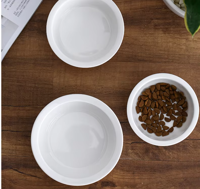 Classic white ceramic pet bowl, designed for daily feeding of cats and dogs.