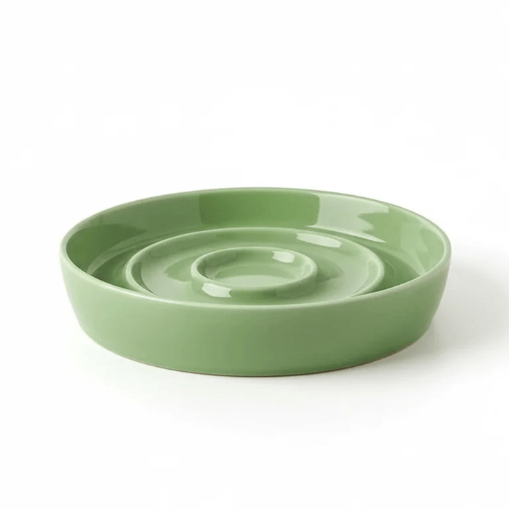 White ceramic pet slow feeder bowl for cats and dogs, promotes healthy eating habits