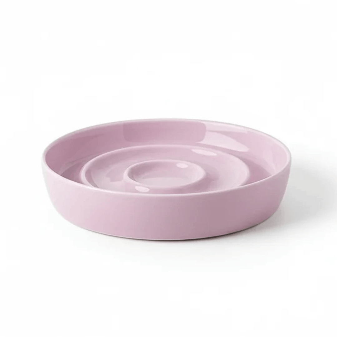 Top view of a ceramic slow feeder pet bowl with internal maze-like structure