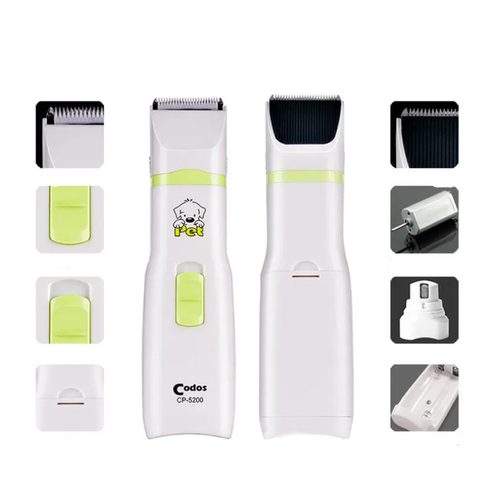 Adjustable white electric pet clippers in a grooming kit for all animal hair types.