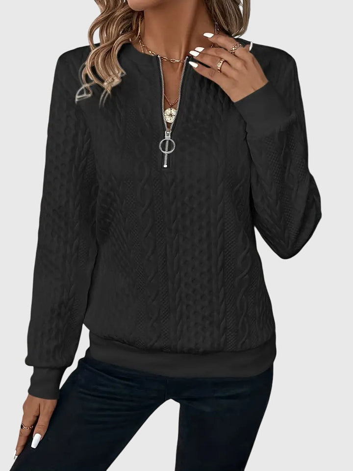 White cable knit quarter-zip sweater. Harlow style pullover for women. Classic, cozy winter wear.