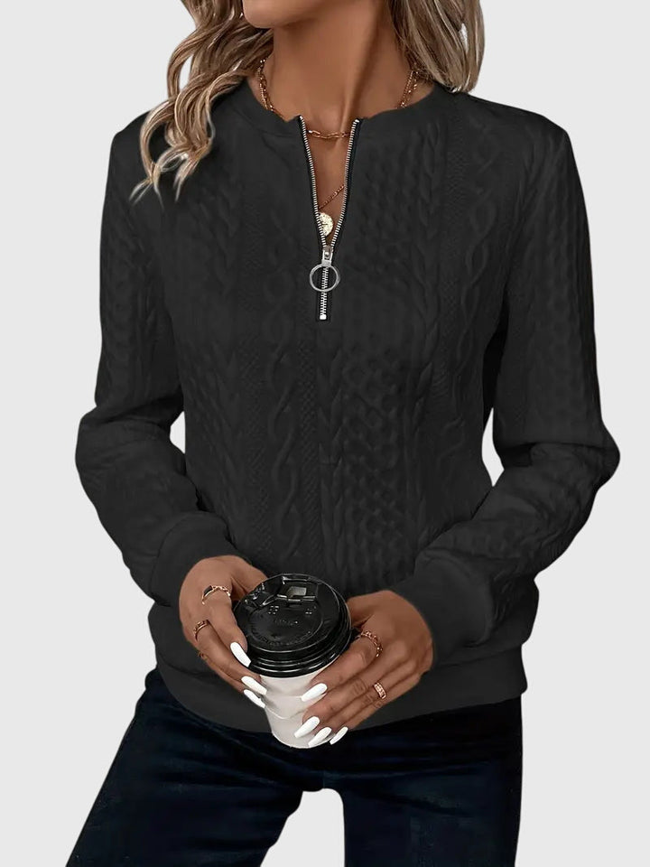 Grey cable knit quarter-zip sweater. Women's Harlow pullover. Essential for fall/winter layering.