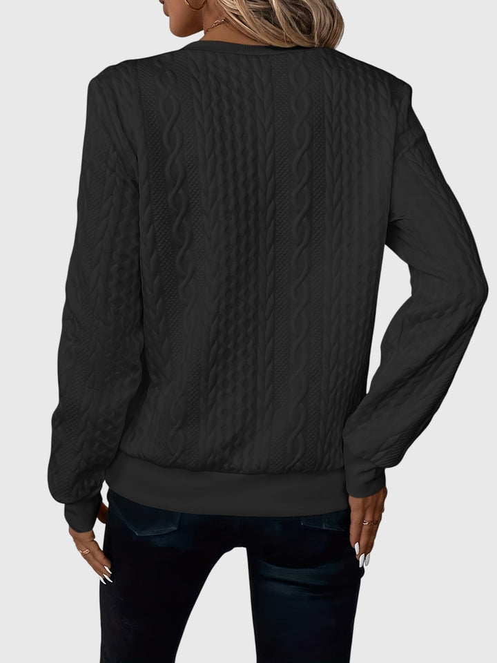 Pink cable knit quarter-zip sweater. Women's Harlow pullover. Soft & trendy casual fashion.