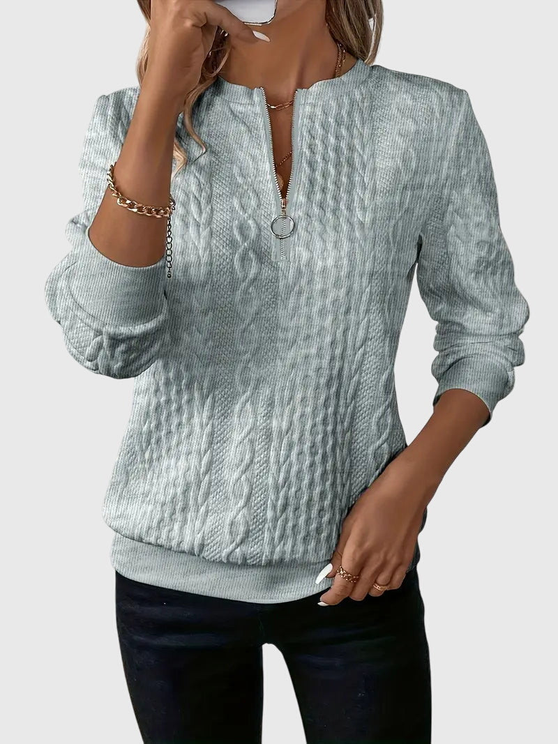 Blue cable knit quarter-zip sweater. Harlow style pullover. Perfect cozy, versatile women's top.