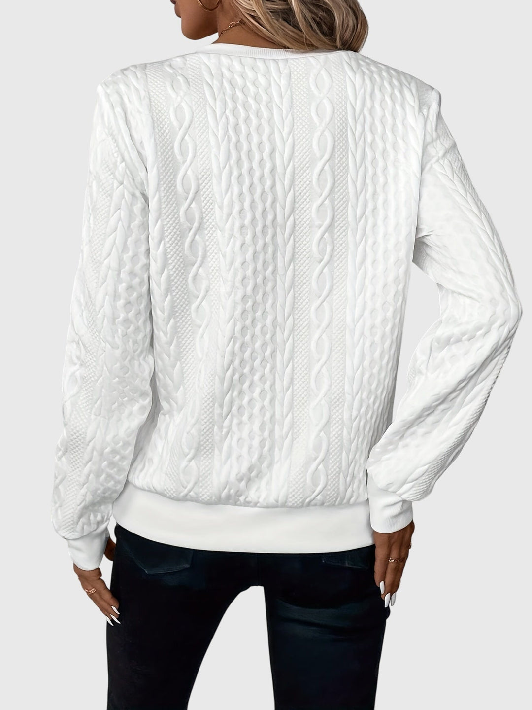 Grey Women's Cable Knit Quarter-Zip Sweater. Warm Harlow style pullover, perfect for casual wear.