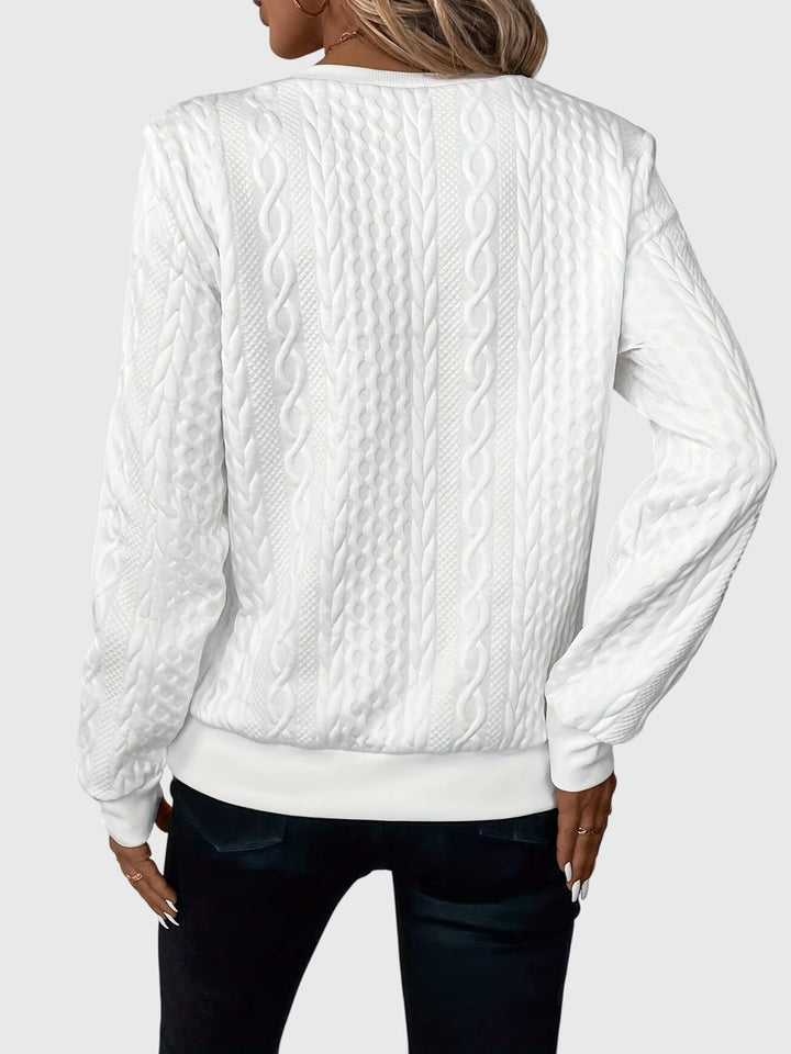Grey Women's Cable Knit Quarter-Zip Sweater. Warm Harlow style pullover, perfect for casual wear.