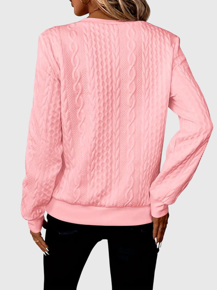 Grey women's Harlow cable knit quarter-zip pullover. Versatile fall fashion, warm and comfortable.