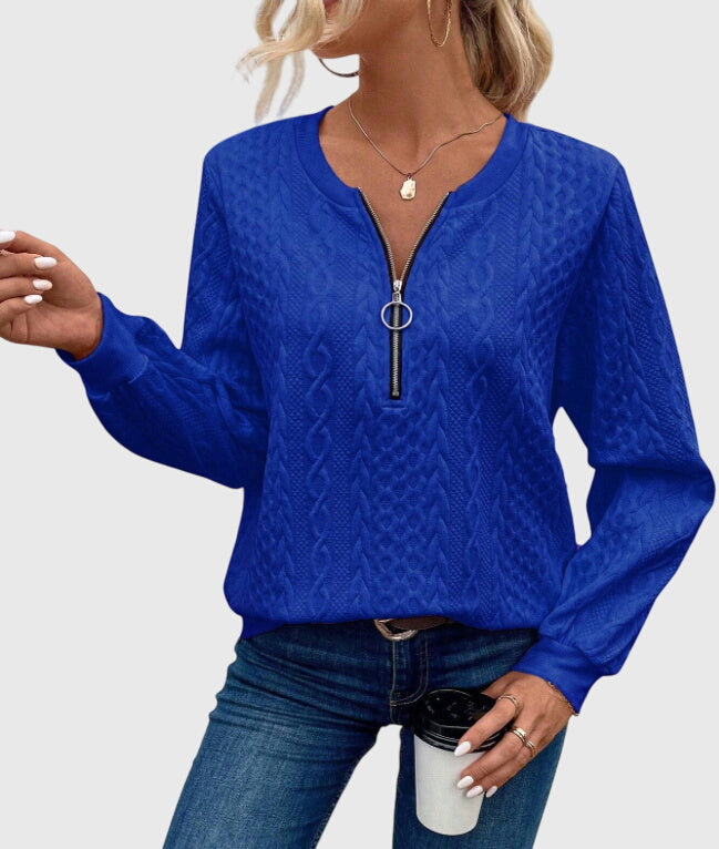 Pink women's Harlow cable knit quarter-zip pullover. Trendy & warm sweater for fall fashion.