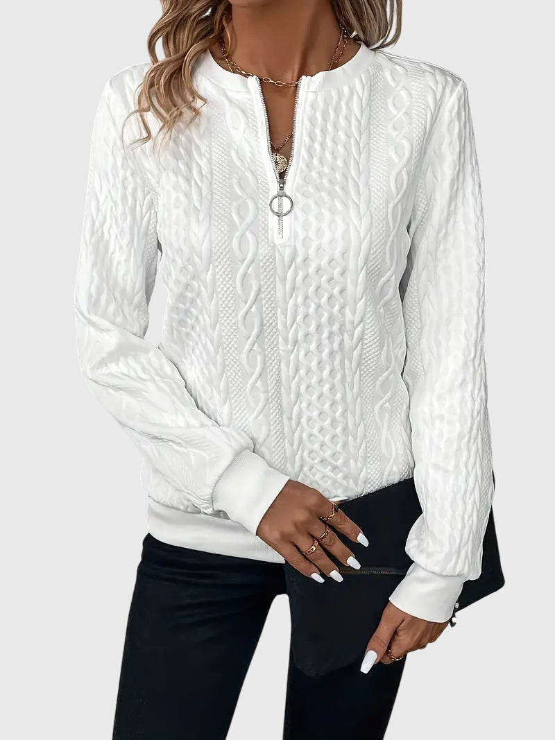 Pink Women's Cable Knit Quarter-Zip Sweater. Soft Harlow pullover, ideal for cozy fall outfits.