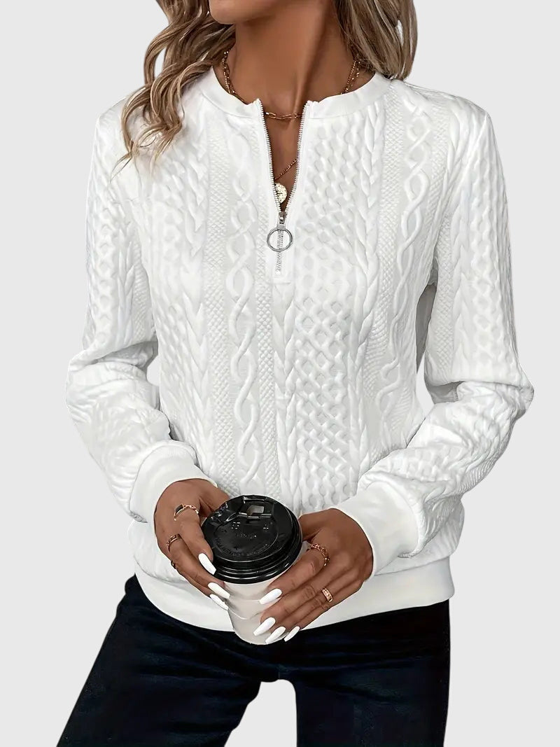 Blue Harlow Cable Knit Quarter-Zip Sweater. Stylish women's pullover, great for casual elegance.