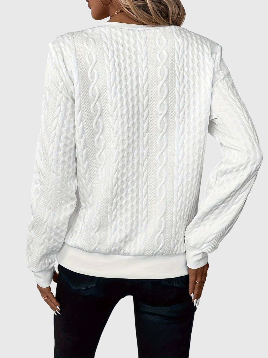 Black women's Harlow Cable Knit Quarter-Zip Sweater. Versatile pullover for chic everyday style.